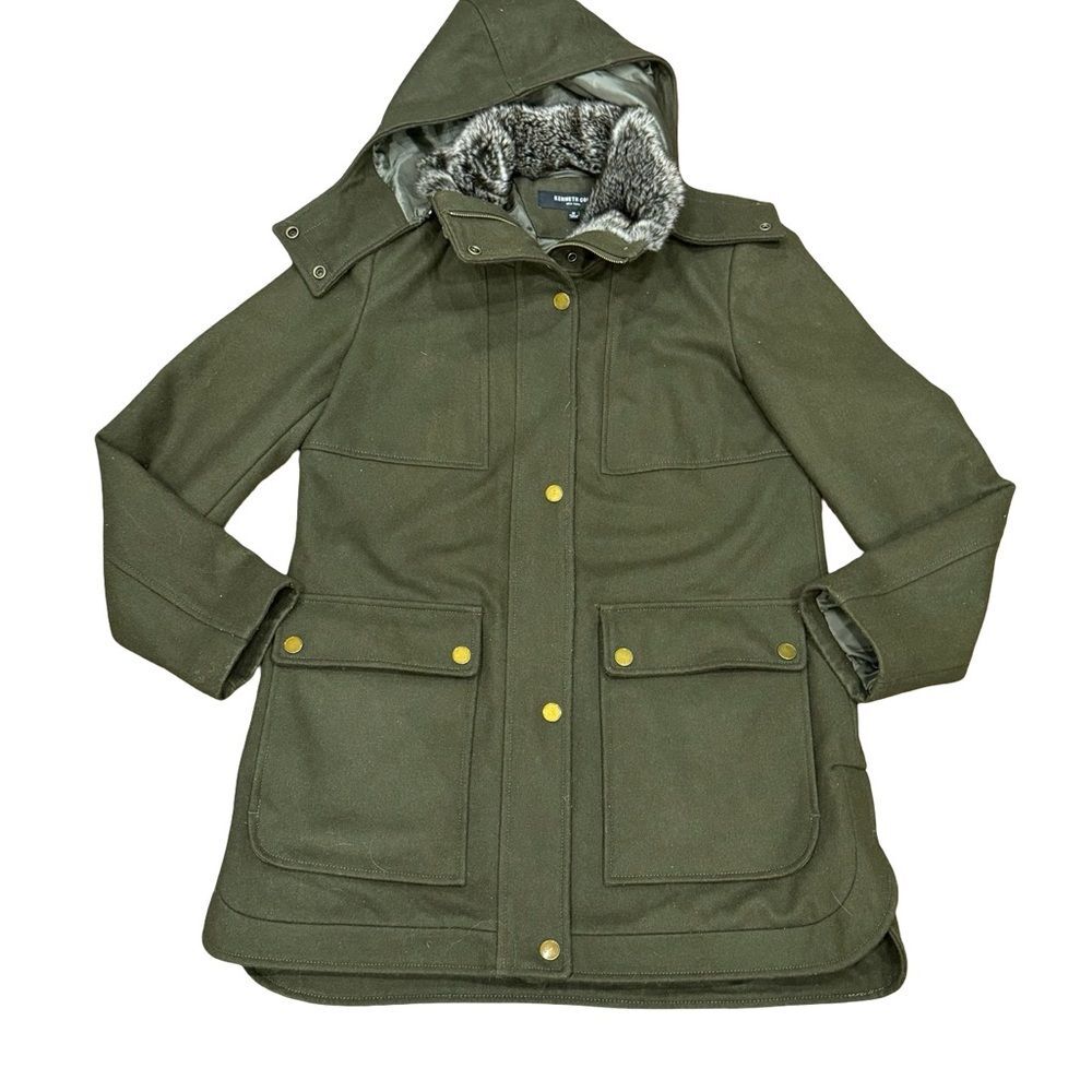 💚 Kenneth Cole Women’s Olive Green Wool-Blend Coat w/ Removable Hood - Size M ✨